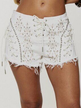 Light Wash Casual Women's Studded Bow Raw Hem Mini Shorts